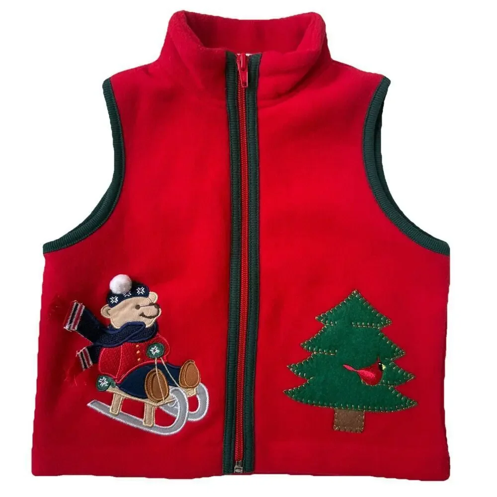 Red Christmas Bear Sledding Fleece Vest Boys 24M Applique Cardinal Tree Holiday